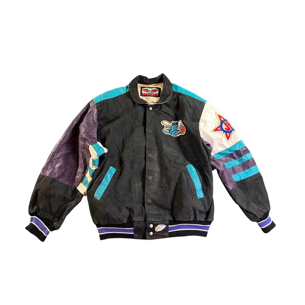 Vintage Jeff Hamilton Charlotte Hornets Leather 90s Varsity Jacket Mens XL Black